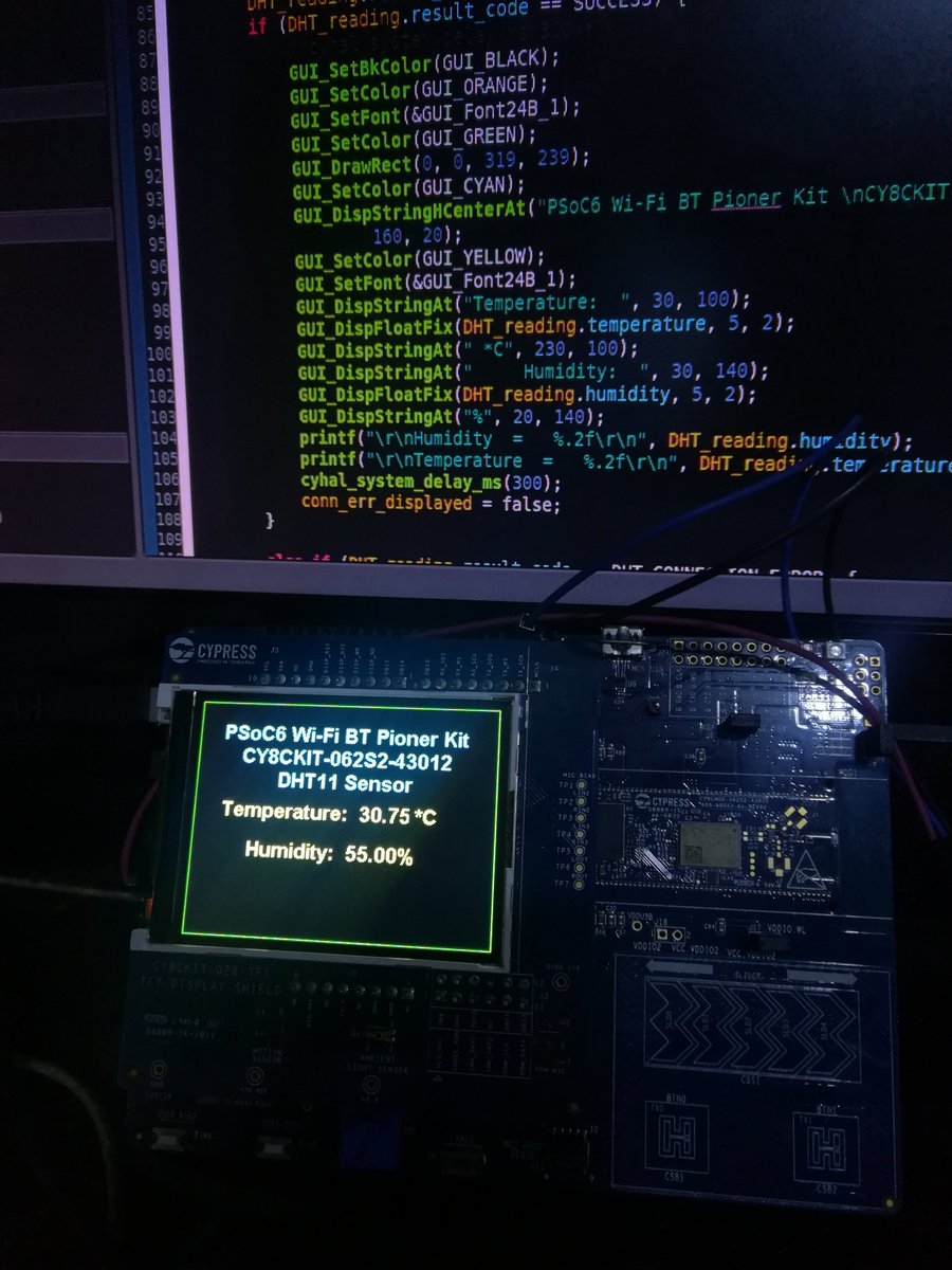 E_SmartLabs's tweet photo. DHT11 interfacing #PSoc6 CY8CKIT-028-TFT shield https://t.co/TI007ZTDVl