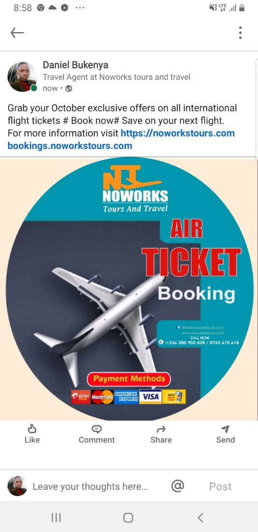 McKCarol256's tweet photo. If a traveling thought crosses your mind, don’t hesitate to contact @NoworkstoursLTD to help you out from air ticketing, visas, hotel booking and so much more.

Contact us on 0780207339 or WhatsApp 0753670618.

#NoworksTravel https://t.co/eZLtP8NJwX