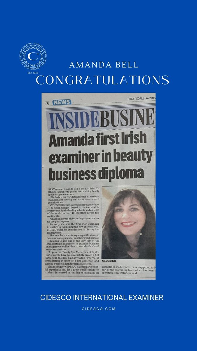 CIDESCO1's tweet photo. Congratulations to Amanda Bell for being our first Irish #CIDESCO Beauty & Spa Management Examiner, who was featured in Bray People Newspaper, Ireland.
All the best in the future.
#CIDESCOInternational #BeautyandSpaManagement #SpaManagement #BeautyManagement #SalonManagement https://t.co/Zc9ASSHF7m