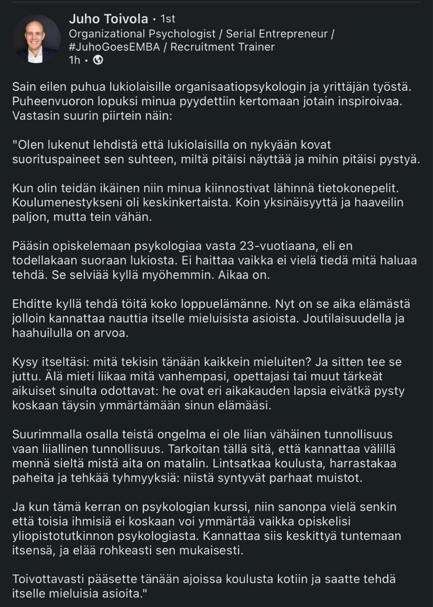 Se on siten, että <a href="/juhotoivola/">Juho Toivola</a>'n kaltaisia ihmisiä kannattaisi päästää enemmän puhumaan nuorille ihmisille.