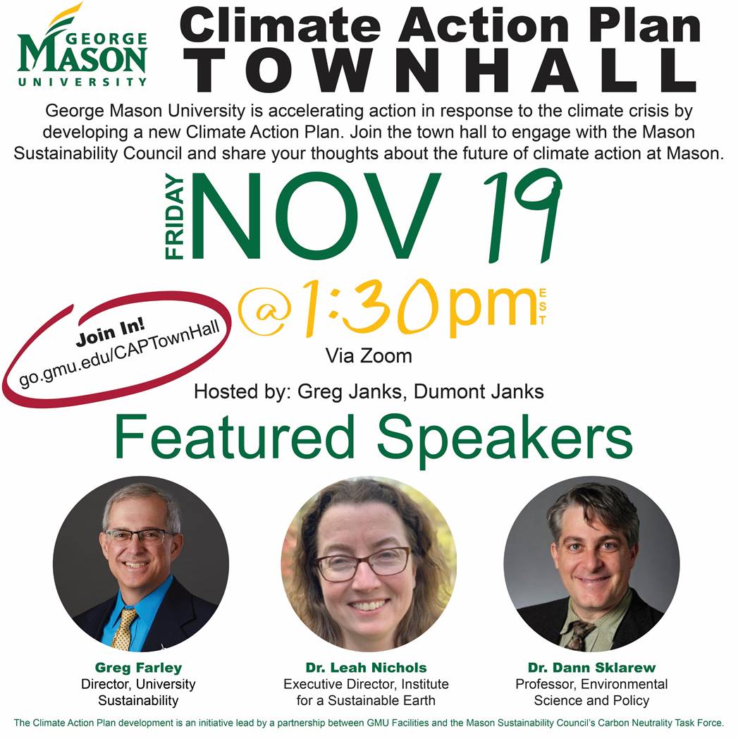 DannSklarew's tweet photo. ATTN #MasonNation! Town Hall for  *NEW* #ClimateActionPlan @GeorgeMasonU next Fri 11/19, w/@Sustain_GFarley @greengmu, Drs. Leah Nichols @GeorgeMasonISE &amp; @DannSklarew @ESPMasonU  @GMU_COS #CAPTownHall https://t.co/3FUBuIfEcU