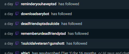 Hey, To whom it may concern <a href="/Twitch/">Twitch</a> &amp; <a href="/TwitchSupport/">Twitch Support</a>. 
Since it's Veterans Day can you let us know you're doing something to potentially stop the direct hate follows on those that use the Veteran Tag? I get this everyday, and while my mind is okay to handle it I worry for others.