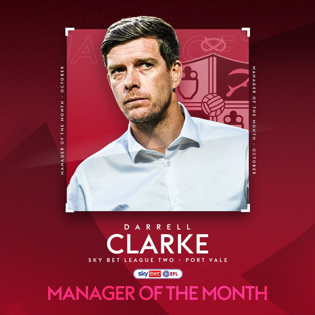 SkyBet's tweet image. A stellar month for @OfficialPVFC, who scored at least three goals in five of their six games on their way to 13 October points ⚽
Darrell Clarke is the @SkyBetLeagueTwo MOTM 🏆 #PVFC