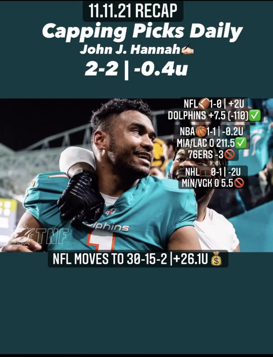 Capping_picks's tweet photo. 11.11.21 Recap
#PremiumKeyPicks
2-2 | -0.4u
#NFL 1-0 |+2u
NFL🏈Season: 30-15-2 | +26.1u💰
#NBA 1-1 | -0.2u
#NHL 0-1 | -2.2u
❤️Goodnight from Las Vegas♠️
#GamblingTwitter #TeamPicksCity
#bettingtips #bettingtwitter #Tipster https://t.co/Eg54DgXhQL