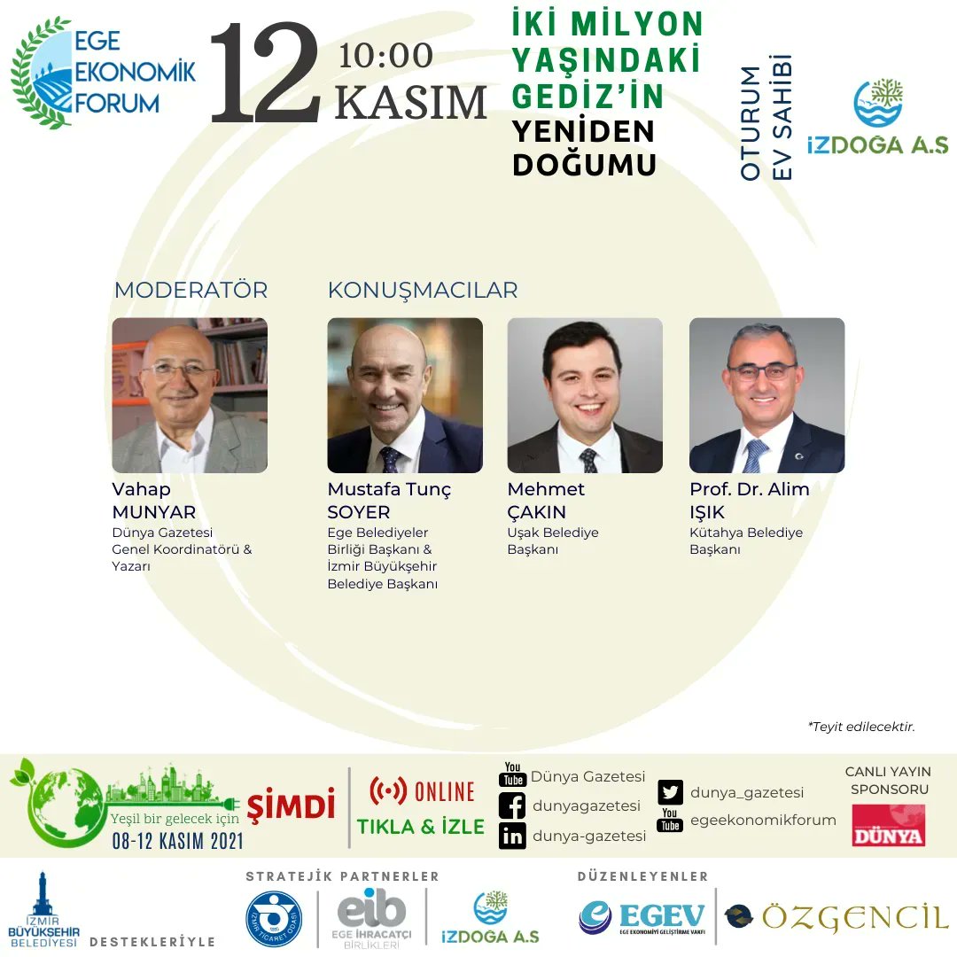 EEkonomikForum's tweet photo. Forumun stratejik partneri @izmirizdoga ev sahipliğinde "İki Milyon Yaşındaki Gediz'in Yeniden Doğumu” paneli başlıyor

📆12 Kasım ⏰10:00

TR https://t.co/BfKUwDbVER
ENG https://t.co/lXgt8IZfoz

@VahapMunyar @tuncsoyer @izmirbld @Mehmetcakin @usakbld @AlimISIK @kutahyabel https://t.co/5VzxAw1JIa