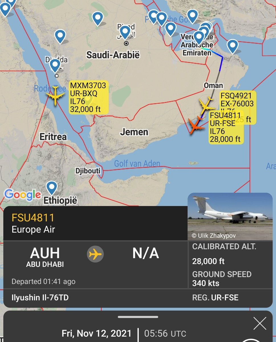 Gerjon_'s tweet photo. The 🇦🇪UAE airlift continues with flights to both 🇪🇷Eritrea and 🇪🇹Ethiopia (Fly Sky and Maximus, estimates - currently still en route):

🇰🇬EX-76003: #FSQ4921 from 🇦🇪Abu Dhabi military apron
🇺🇦UR-FSE: #FSU4811, also from Abu mil
🇺🇦UR-BXQ: #MXM3703, susp. 🇦🇪Dubai to 🇪🇷Eritrea. https://t.co/rjQRueFkGn