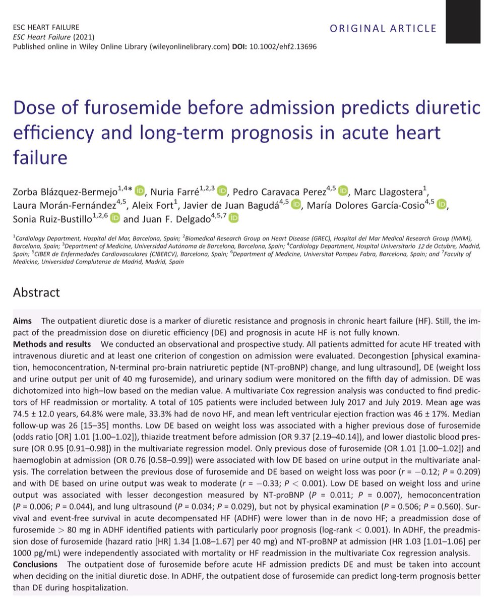 ZorbaBlazquez's tweet photo. #DiureticResistance in AHF:
✅Dose of furosemide before admission predicts low diuretic efficiency (DE)
✅Low DE is associated with lesser decongestion
✅Previous dose of furosemide >80mg in ADHF identified patients with poor prognosis
@ESC_Journals https://t.co/9WWYc2DDtK https://t.co/BhuKWRfjMU