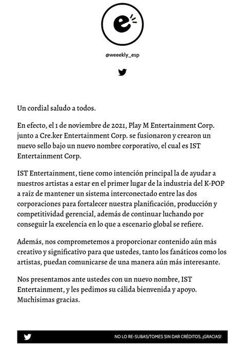 k_n0ticias_pop's tweet photo. #Play_m y #creker han desedido fucionarese y ser una sola una empresa y esta empresa se llamara #IST_Entertainment que les parecio el nombre de la nueva empresa. https://t.co/K1Gtk1hnBQ