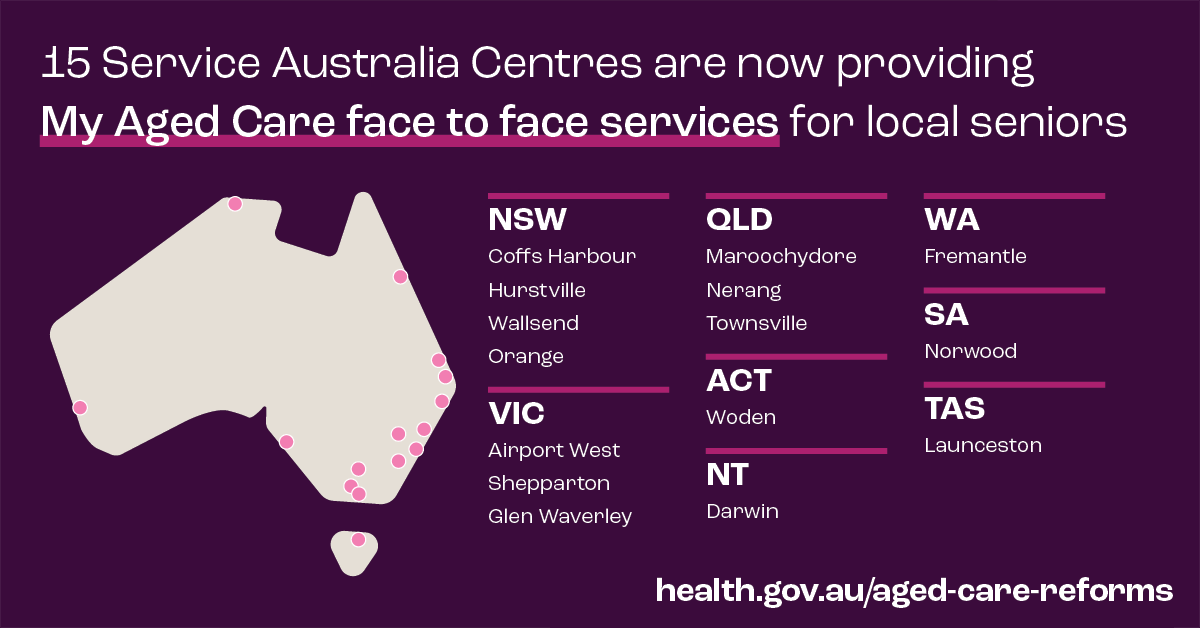 healthgovau's tweet photo. We’re making it easier for senior Australians to access &amp; navigate aged care. 

Services Australia are now offering My Aged Care face to-face support at 15 initial locations📍expanding to 80 by 2022.

Find out more💻https://t.co/O7YmzOnyYb https://t.co/wqqJj8SFSx