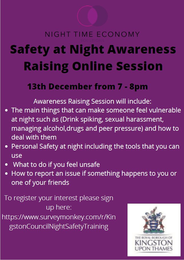 MPSKingston's tweet photo. โ Are you interested in hearing about night time personal safety tools for you and your friends?
๐ป Join an online zoom session with @RBKingston and run by @NTEconomy on 13th December from 7 - 8pm
๐ Register your interest at: https://t.co/LNuv16ssof
@MPSKingstonTnC https://t.co/jikBk8cGMN