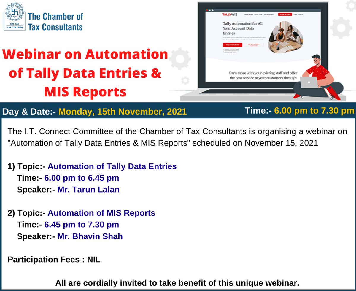 CTCConnect's tweet photo. Webinar on Automation of Tally Data Entries &amp; MIS Reports- 15th Nov. 2021
#webinar #automation #TallyData #MISreports

To Register:- https://t.co/fQKDV4xXSq

All are cordially invited to take benefit of this unique webinar
To know more about the event:- https://t.co/utyRhptT9U https://t.co/825eW2V500