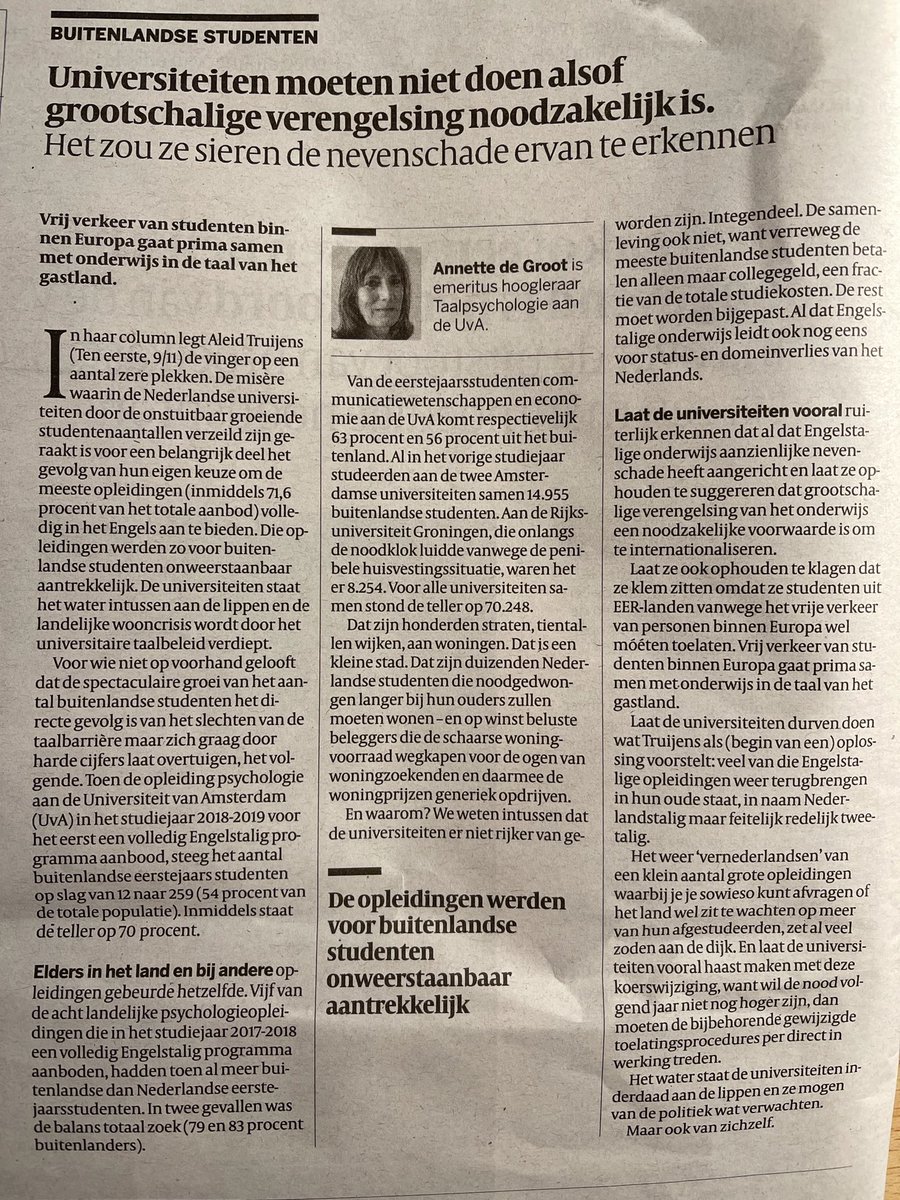 Red het Nederlands als academische taal. Er is niks met Engels, integendeel, maar de dominantie ervan is angstaanjagend. Het Nederlands wordt systematisch afgeschaft op universiteiten. Stop hiermee. Stop ook de anglo vertroeteling van buitenlandse studenten.