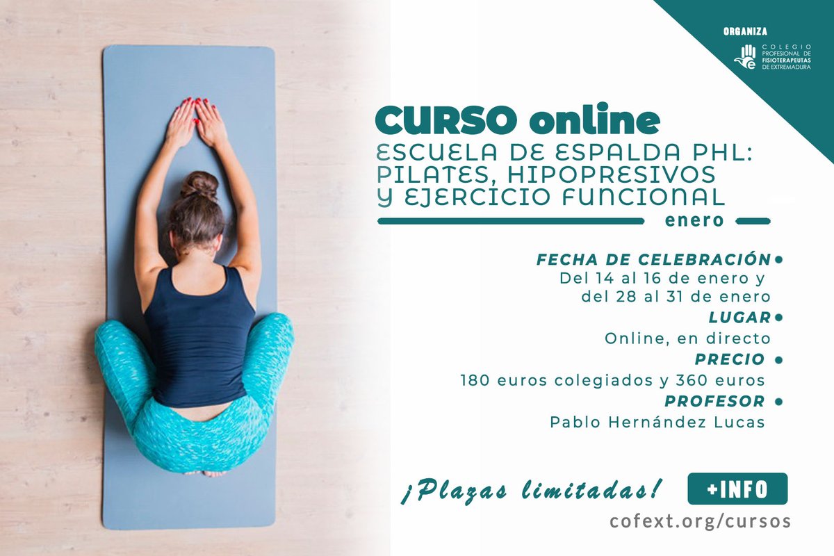 COFEXT's tweet photo. ✋ A petición popular 
¡Ha vuelto! 🙌
📣Ya os podemos confirmar el primer curso del próximo año:
Curso "Escuela de Espalda PHL: pilates, hipopresivos y ejercicio funcional”
Será online y el número de plazas es limitado. 
Os advertimos: las plazas vuelan 🚀🚀 https://t.co/Tgnafe530R