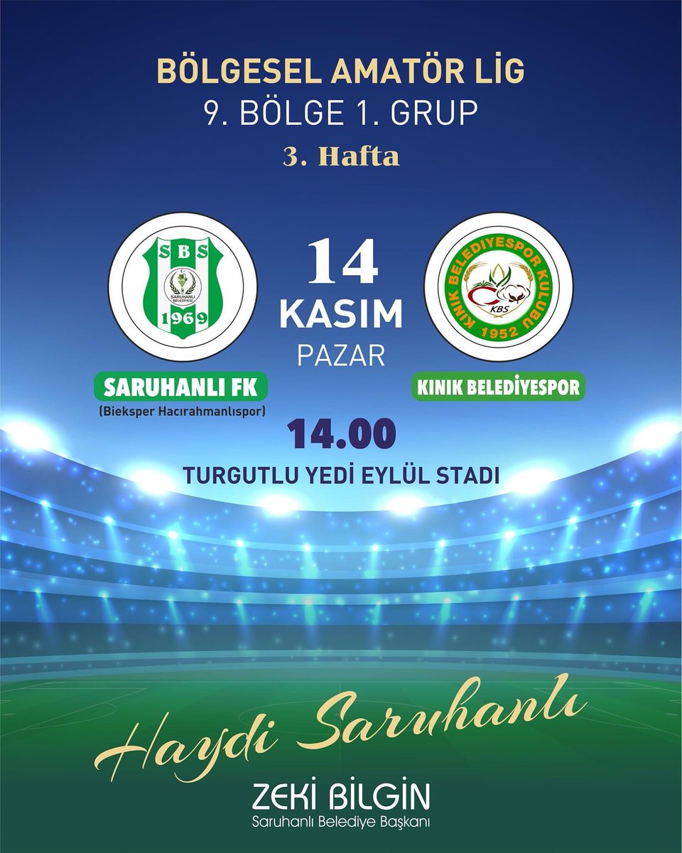 Haydi Saruhanlı...
TAKIMINI YALNIZ BIRAKMA

Maça izlemeye gitmek isteyen taraftarlar için aynı gün saat 12.00'de Saruhanlı Belediyesi önünden otobüs kaldırılacaktır.

Zeki Bilgin
Saruhanlı Belediye Başkanı