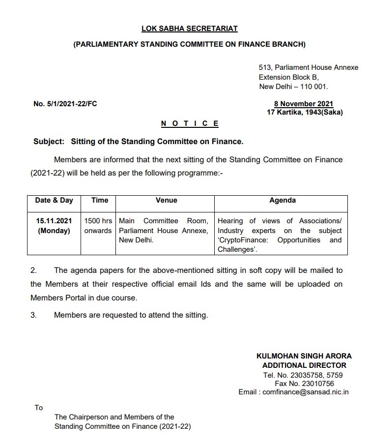 Parliamentary Standing Committee on Finance has invited crypto industry players to discuss the opportunities &amp; challenges of the industry. 

The Lok Sabha has scheduled the meeting on November 15.
