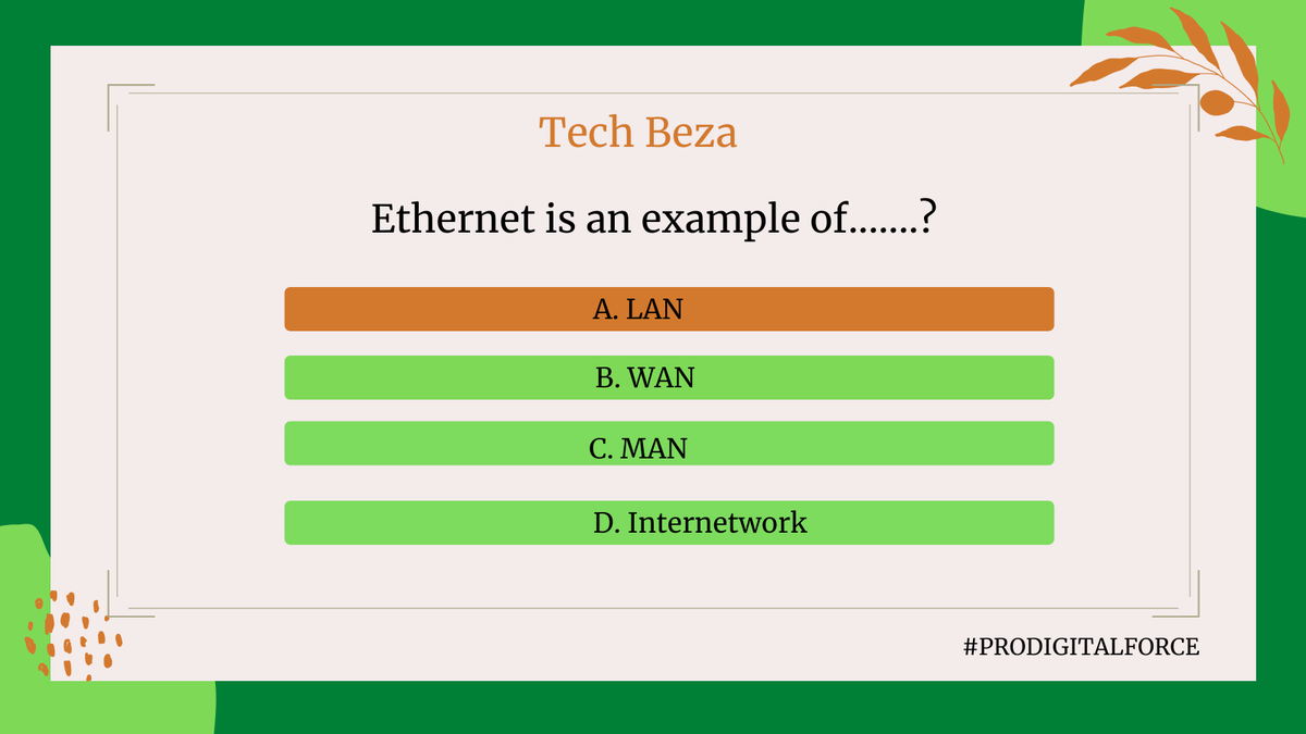 prodigitalforce's tweet image. Ethernet is an example of.......?

Time is up, friends. Here is the answer for you. Let’s start adding it to your knowledge library.

#technology
#test
#tech
#prodigitalforce
#webdesign