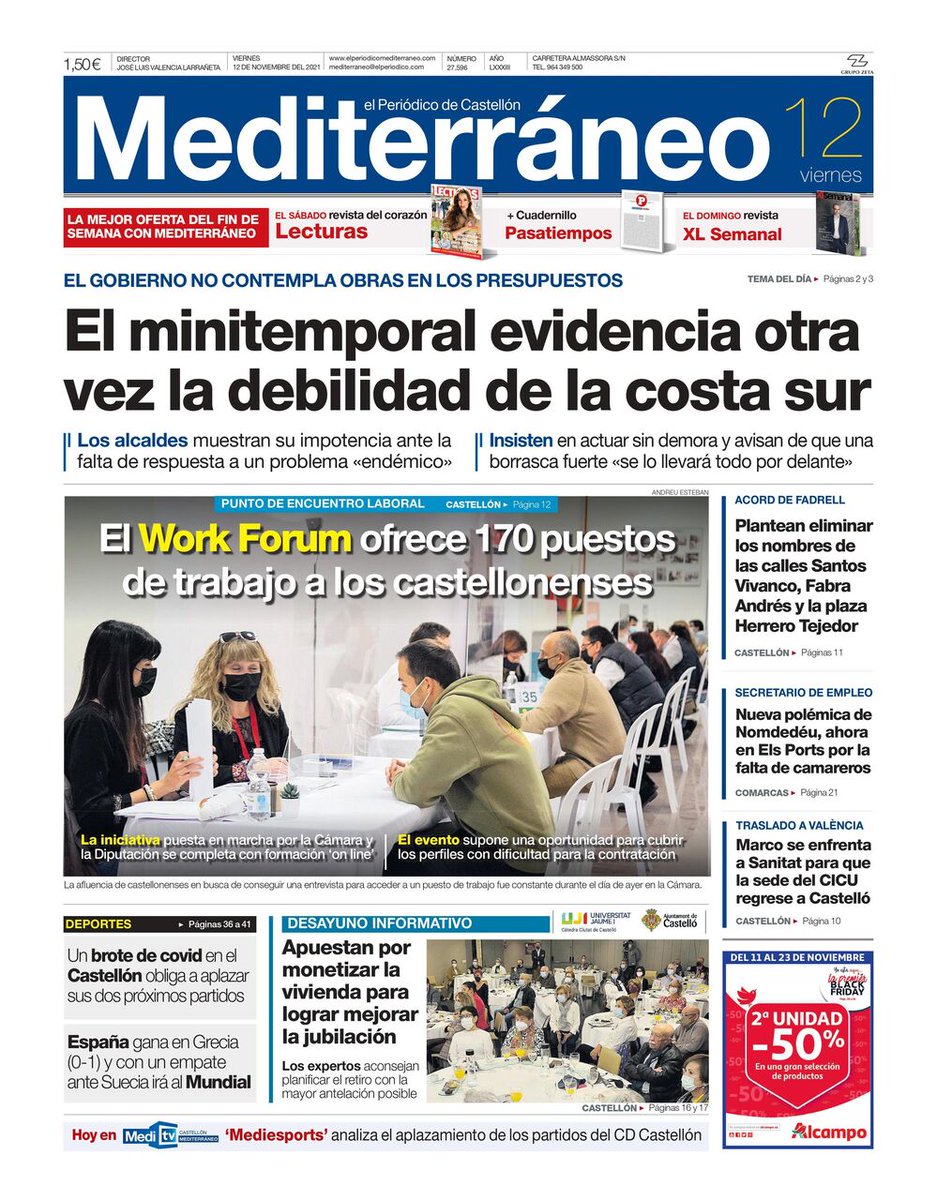 ximogorriz's tweet photo. Hoy viernes 12 en las #portadasdeCastellón, #minitemporal #costas @AjuntCastello #LaPérgola #WorkForum @camaracastellon @dipcas #Covid_19 @cdcastellon @SeFutbol #vivienda @UJIuniversitat @AmparoMarcoGual @GVAsanitat #callejero @Nomdedeu #PGOU #UBE #energía #ElsPorts @VillarrealCF https://t.co/gkGqNedGmd