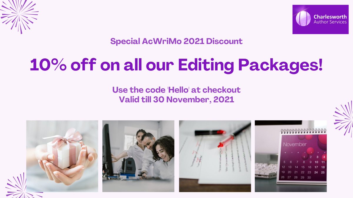 CWGAuthors's tweet photo. Specially for #AcWriMo21: 10% discount on all our #EditingPackages till 30 November!
Visit. π https://t.co/YbDW1MylHb
#AcWri #ECRdev #PhDchat #ECRchat #AcademicTwitter #SciTwitter #STEMTwitter https://t.co/Dj4lfyrkku