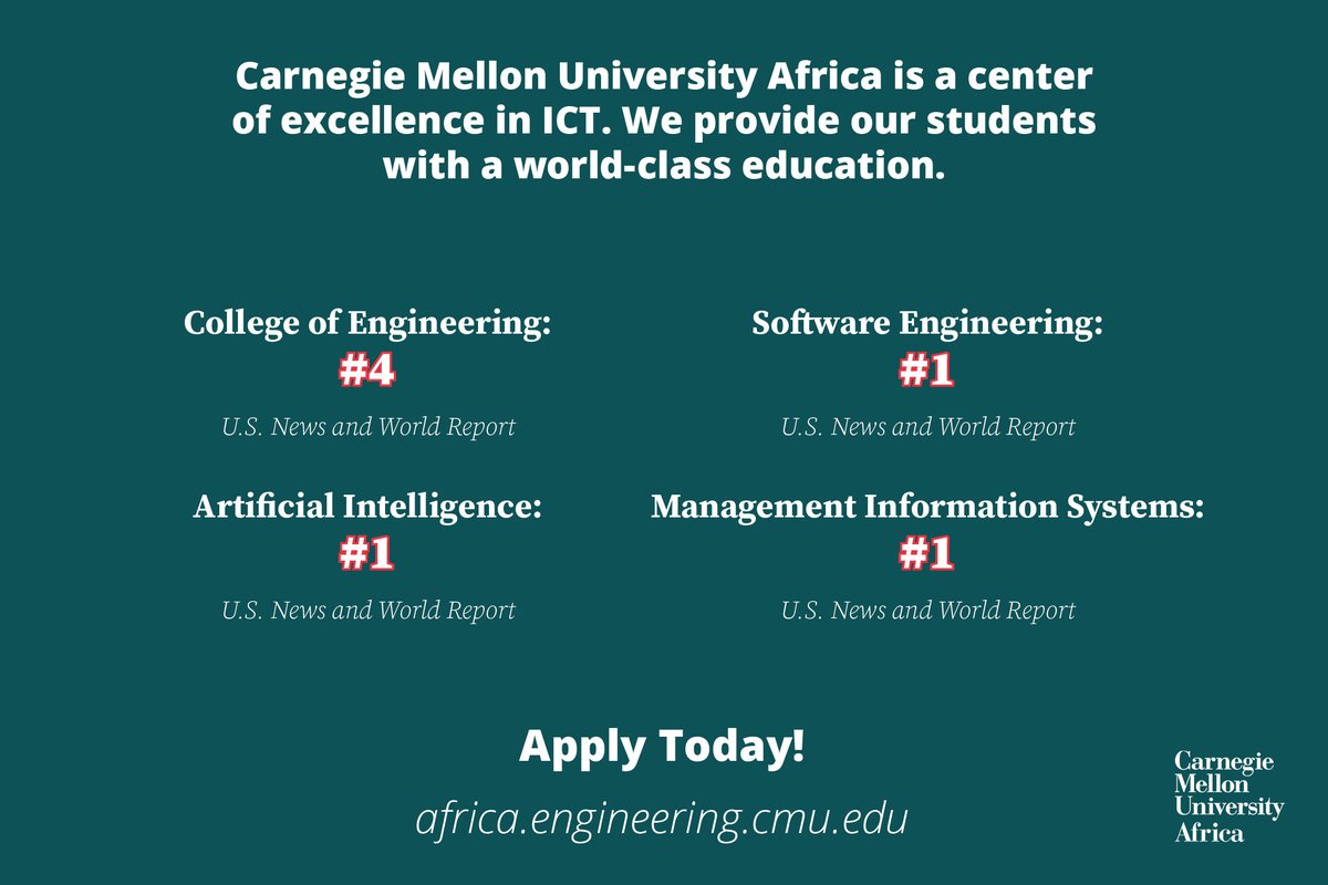 Carnegie Mellon University Africa is a center of excellence in ICT. We provide our students with World Class education. Apply Today!  
africa.engineering.cmu.edu/education/inde…
