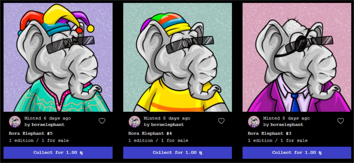 BoraElephantNFT's tweet image. Which One Do You Like? 😍
.
Don't Miss It!!! 
Collect #BoraElephant's Series. 
👉hic.af/boraelephant
.
Let's Start The Journey 🐘🌏🌞
#NFT #NFTs #NFTartist #tezosnft #tezosart #tezosnfts #tezoscommunity #hicetnunc2000 #HEN