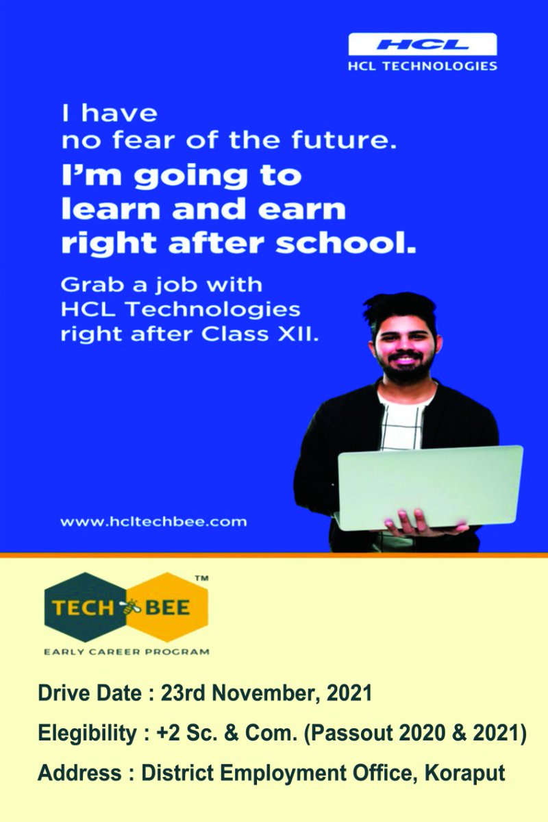 deexkoraput's tweet image. HCL Technology selection drive for #TechBee program on 23rd Nov for 12th / +2 passed out students (in the year 2020 &amp;amp; 2021 only) of Koraput district in science or commerce stream. Interested candidates contact us for details.