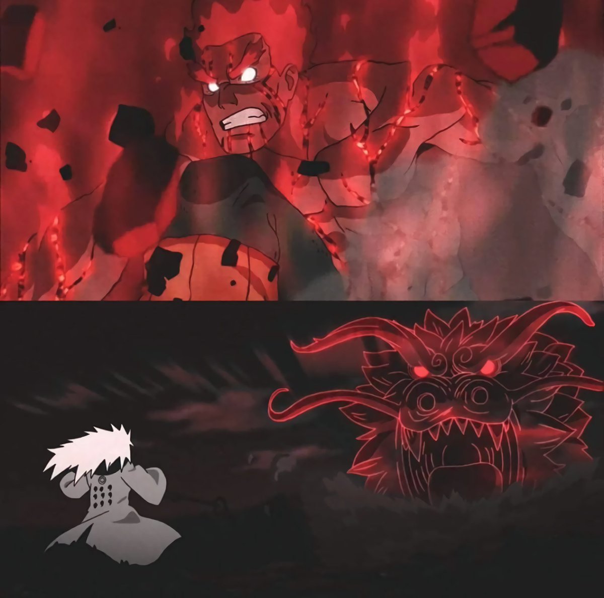 Ketika Guy memulai teknik ini, ia mengatakan “Seki, 積”yang berarti "Kumpulkan". Setelah itu muncul uap merah yang disebut “Chi no Jōki, 血の蒸気” atau "Uap Darah", yang kemudian bermanifestasi menjadi sosok Naga Merah menyala di sekujur tubuhnya. 

Pict © <a href="/animesvisual_/">anime content</a>