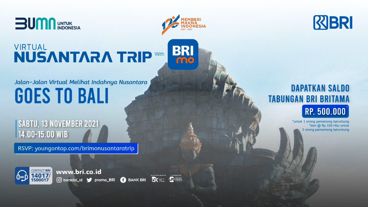 promo_BRI's tweet photo. Sobat BRI,
Kalo ngomongin soal tempat wisata, Bali udah terkenal banget nih.
Daftar gratis di https://t.co/4hf434WBix
.
Sampai ketemu online,Sobat BRI!
#BRImo #BEYONDmo #SemuaPakeBRImo #virtualnusantaratrip #jalanonline #wisataonline #Bali https://t.co/IGvL3eqSsL