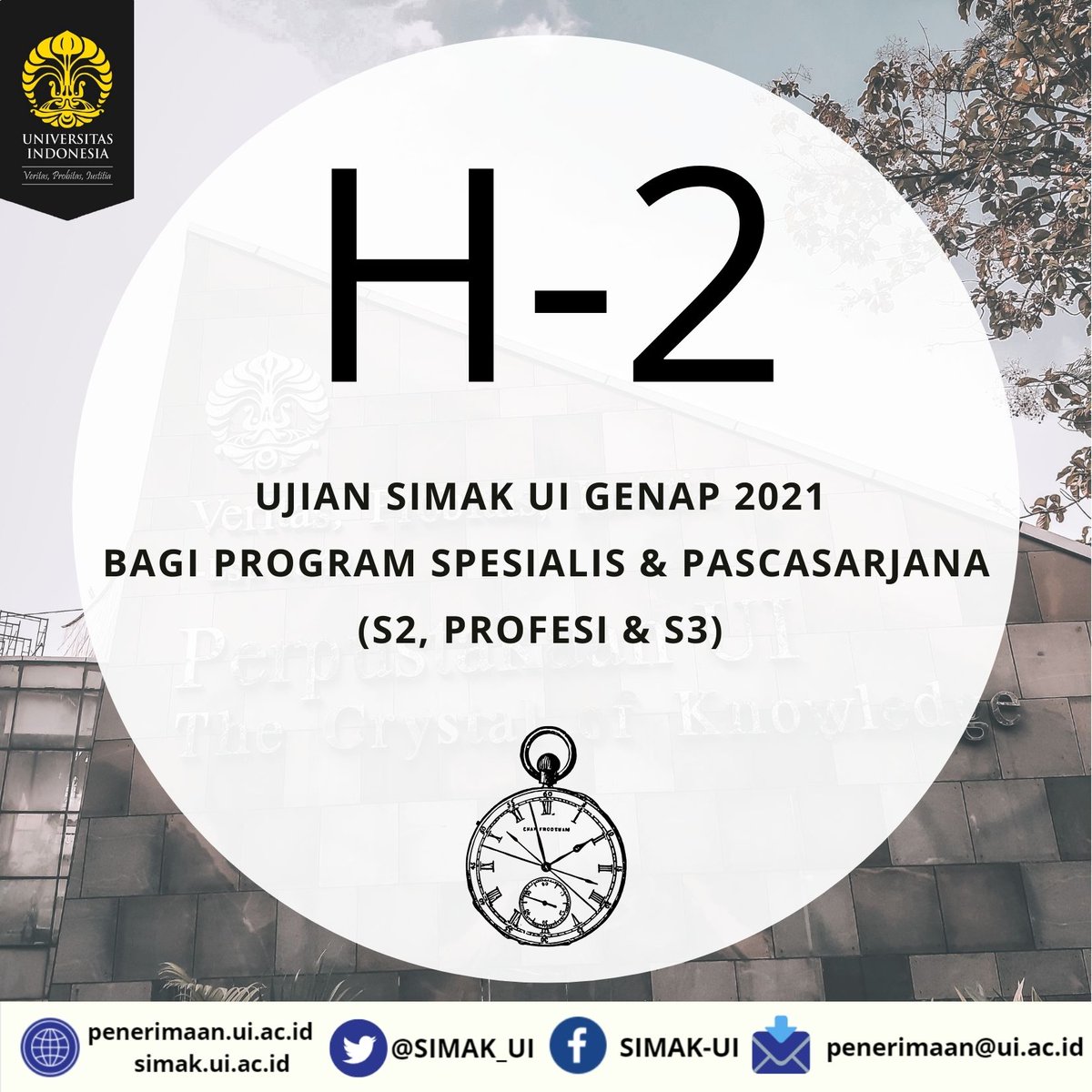 SIMAK_UI's tweet image. Halo #PejuangSIMAKUI
H-2 Pelaksanaan ujian SIMAK UI genap 2021 bagi program spesialis dan pascasarjana (S2, Profesi &amp;amp; S3).

Jangan lupa cek link yang tertera di kartu ujian masing-masing, ya. 😉
#UniversitasIndonesia
#SIMAKUI2021
#ppds
#pascasarjana