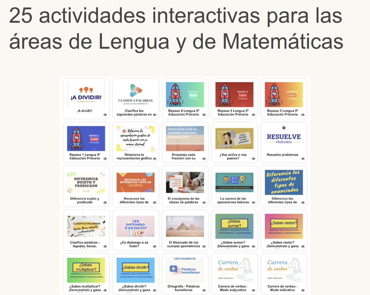 25 actividades interactivas para las áreas de Lengua y de Matemáticas. 👉 ayudaparamaestros.com/2021/10/25-act… Por <a href="/Manu___Velasco/">Manu Velasco</a>
