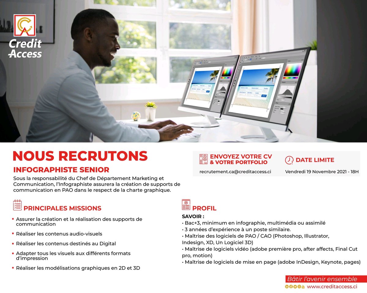 ometiers_num's tweet photo. Vous êtes #infographiste ? Basé (e) en #CIV? En quête d'un nouveau challenge ?
Crédit Access CIV est prêt à vous offrir une opportunité en tant qu'infographiste senior. Candidatez jusqu'au 19/11/2021
#emploinumérique #civdigital https://t.co/ompc6XKsF2