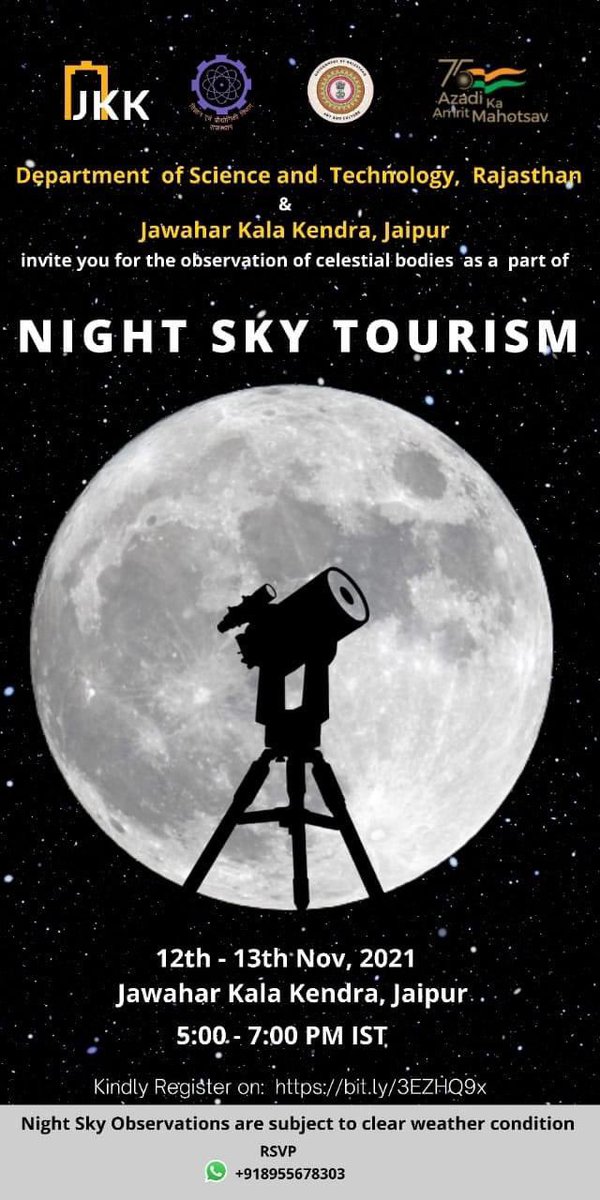#Jaipur has a new Stargazing hotspot!

For the very first time <a href="/JKK_Jaipur/">Jawahar Kala Kendra</a> is hosting ‘Night Sky Tourism’ celestial viewing sessions!

Click docs.google.com/forms/d/e/1FAI… to register!

#OhMyRajasthan #OhRajasthan #NightSky #StarGaze