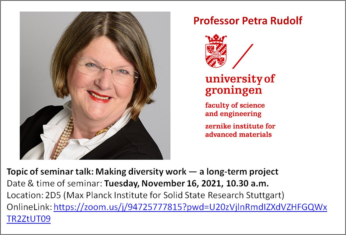 Athena_FKF's tweet photo. Don't miss this inspiring talk by Prof. Petra Rudolf, physicist,  about efforts and progress at the University of Groningen to increase #Diversity in their staff and student population by pioneering a talent recruitment program specifically targeted at female scientists
@mpifkf https://t.co/awizP6i6Vw