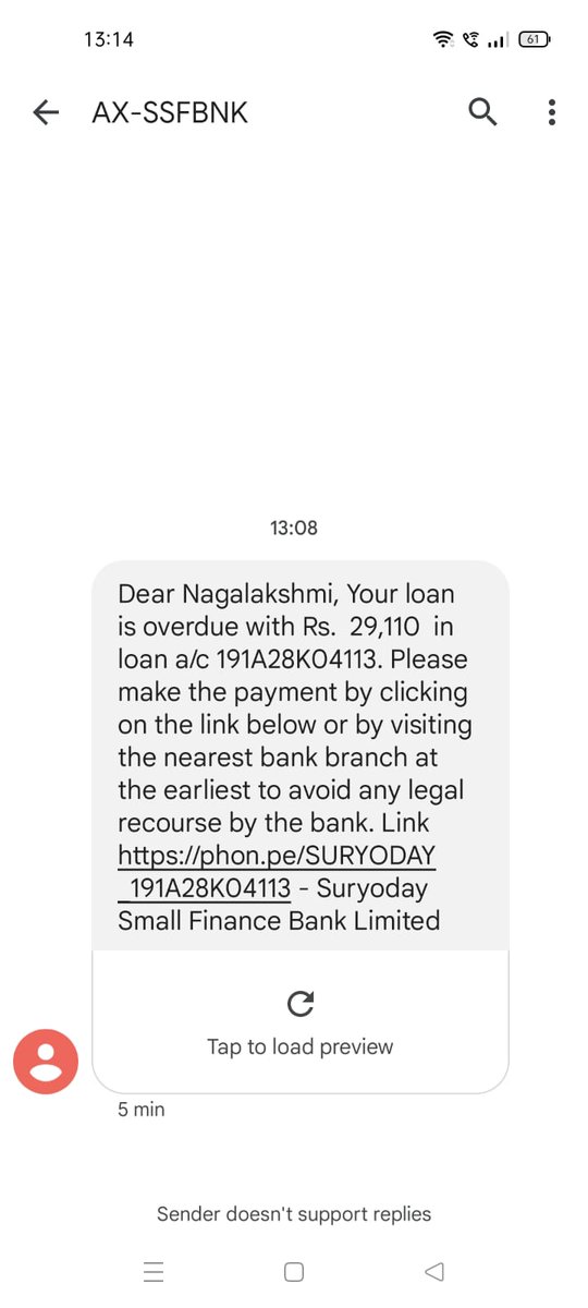 tsseshadri's tweet photo. #suryodaysmallfinancebank, #SSFBNK seem to not doing due diligence when disbursing loans. I am getting the wrong messages directed to one Nagalakshmi for repayment of loans. Attaching today's message.
#suryodaysmallfinancebank, 
#SSFBNK
#RBIINDIA https://t.co/BtVnaVx4rJ