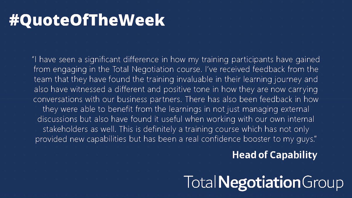 Tot_Negotiation's tweet photo. This week's quote comes from the Head of Capability following our Essential Negotiation workshop. It's great to hear how the learning are being applied internally as well as externally!

#TotalNegotiation #NegotiationSupport #Negotiation #VirtuallyBrilliant #SupplierPartner https://t.co/HtHkVxtEBZ