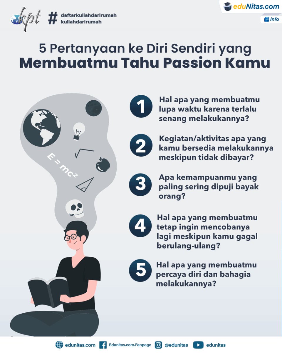 edunitas's tweet photo. Setiap orang punya caranya masing-masing untuk menemukan passion-nya dan perlu waktu yang tepat untuk menemukannya
Kalau kamu bagaimana sahabat eduNitas? Sharing ceritamu di kolom komentar yuk! ;)
#passion #tipsdiri #upgradeskill #selfupgrade #edunitas https://t.co/oPdTPd1W5U
