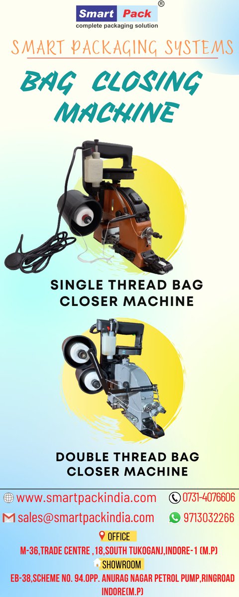 SmartPackIndia's tweet image. Single thread #Bag_Closer_Machine and the Double thread robust sewing machine close the bag ends effectively. 

Visit this link: 
Single Thread - youtu.be/iaSYmxjPWwc
Double Thread - youtu.be/rm4fussZzWg

Call Us - 9827035264 

#smartpackagingsystem #smartpacksystem