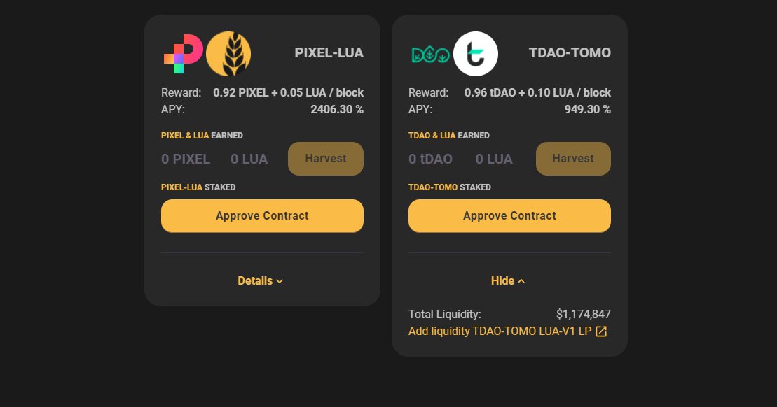 The dual farming of $TOMO / $tDAO is still ongoing with more than $1M in liquidity provided within the past 4 days! Current APY at ~950% 👉app.luaswap.org/ido/#/dual-farm Enjoy the farming & fill your 💰bag with $tDAO & $LUA!