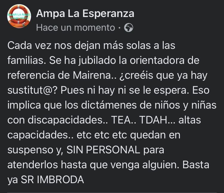 ¿Sabéis qué pasa si no se cubren  las vacantes de Orientación?

⛔Los niños y niñas se quedan sin atención.

✂️ Este es un caso de muchos: evaluaciones psicopedagógicas que demoran años significa ➡️ recursos (PT, AL, PTIS, ILSEa) que no llegan.