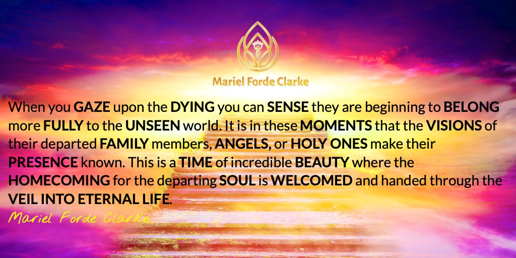ClarkeForde's tweet photo. When you gaze upon the dying you can sense they are beginning to belong more fully to the unseen world.
Mariel

#deathbedvisions #family #soul #angels #dying #love #lastgoodbye #grief #WhereAfter #6thbooks #obooks https://t.co/eyD5kV7XjS