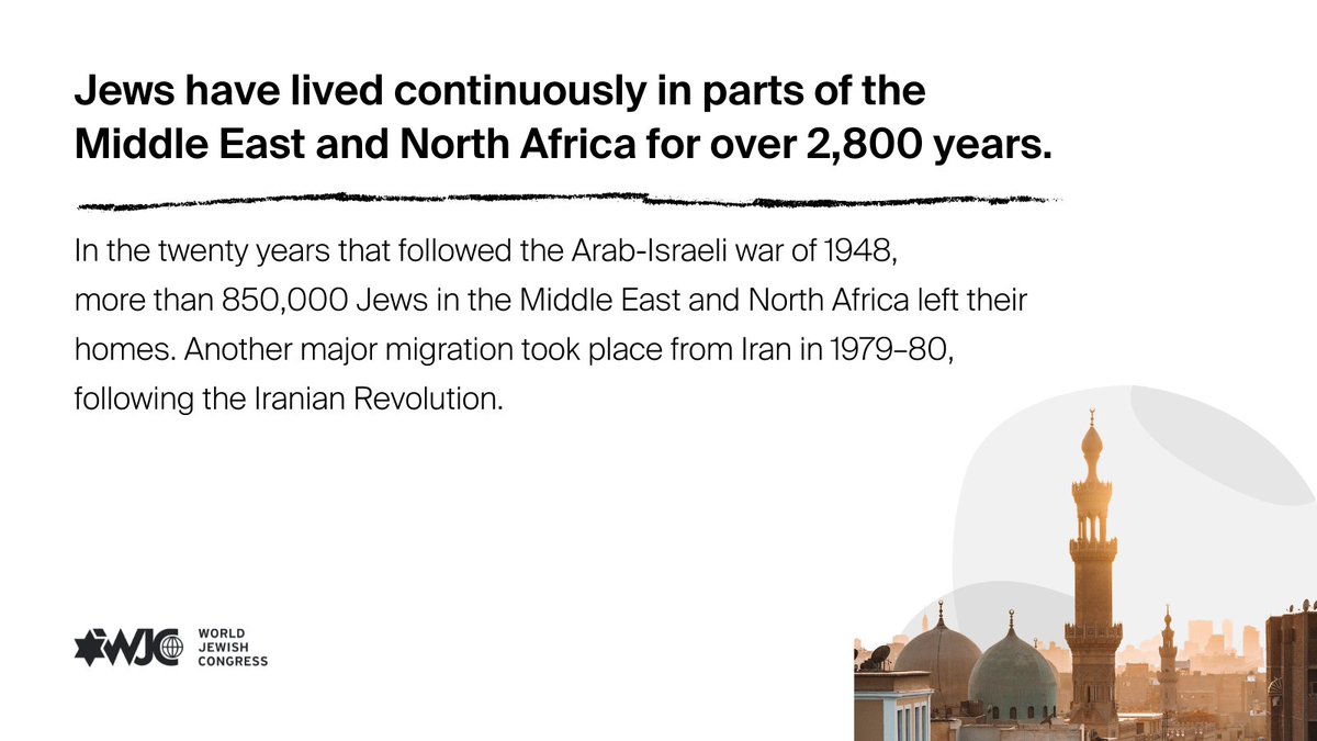 WorldJewishCong's tweet photo. From November 1947, #Jewish communities across the Middle East and North Africa began facing increasing persecution. 850,000 Jewish refugees from the region fled in the years after. 

It is still a major knowledge gap in world history. This month, we'll be telling their stories. https://t.co/zAOWTIJWOy