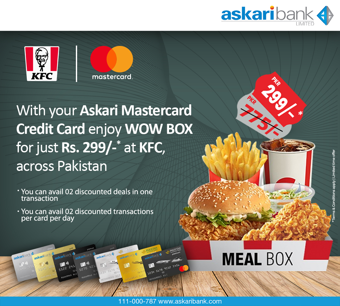 Askari_Bank's tweet photo. With Askari Mastercard Credit Cards enjoy Wow Box for just Rs. 299 at KFC across Pakistan
For details visit: https://t.co/YFwJnvh55B
#AskariBank #KFC #WowBox #Discount #CreditCards https://t.co/GGHnbBnIGf