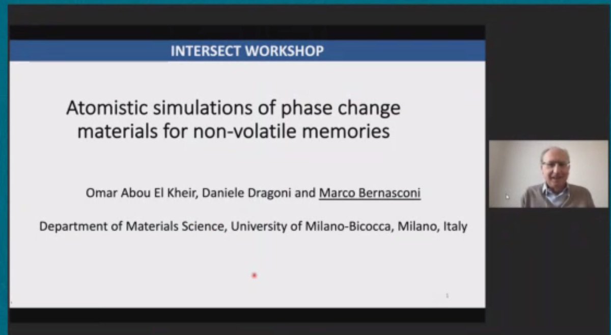intersect_eu's tweet image. Marco Bernasconi @polimi is discussing now two recent examples on the use of electronic structure calculations to elucidate the relationship between the structure and composition of phase change alloys and their functional properties exploited in the devices. #intersectworkshop