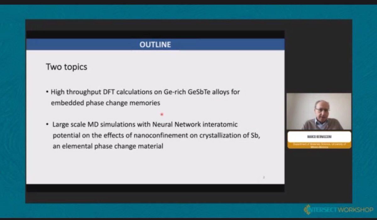 intersect_eu's tweet image. Marco Bernasconi @polimi is discussing now two recent examples on the use of electronic structure calculations to elucidate the relationship between the structure and composition of phase change alloys and their functional properties exploited in the devices. #intersectworkshop