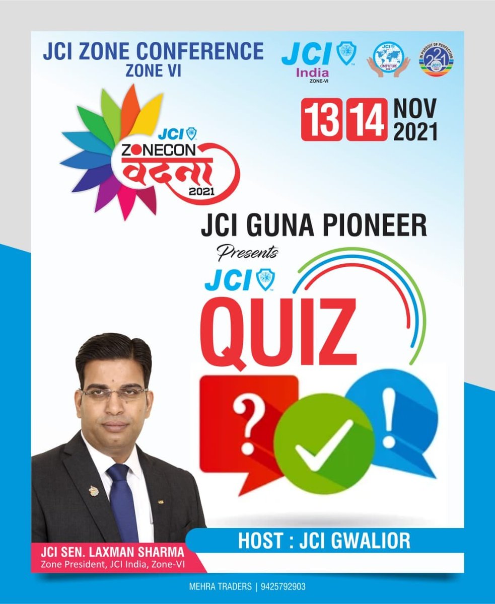 jcizonevi's tweet photo. "JCI's Zone Conference"
JCI Guna Pioneer presents

Quiz Competition

Participate in the Quiz and win exciting prizes.

Register Now
Date-
13 November, Saturday
14 November, Sunday
Venue- Sangam Vatika Gwalior https://t.co/wm5XUZZ6bB