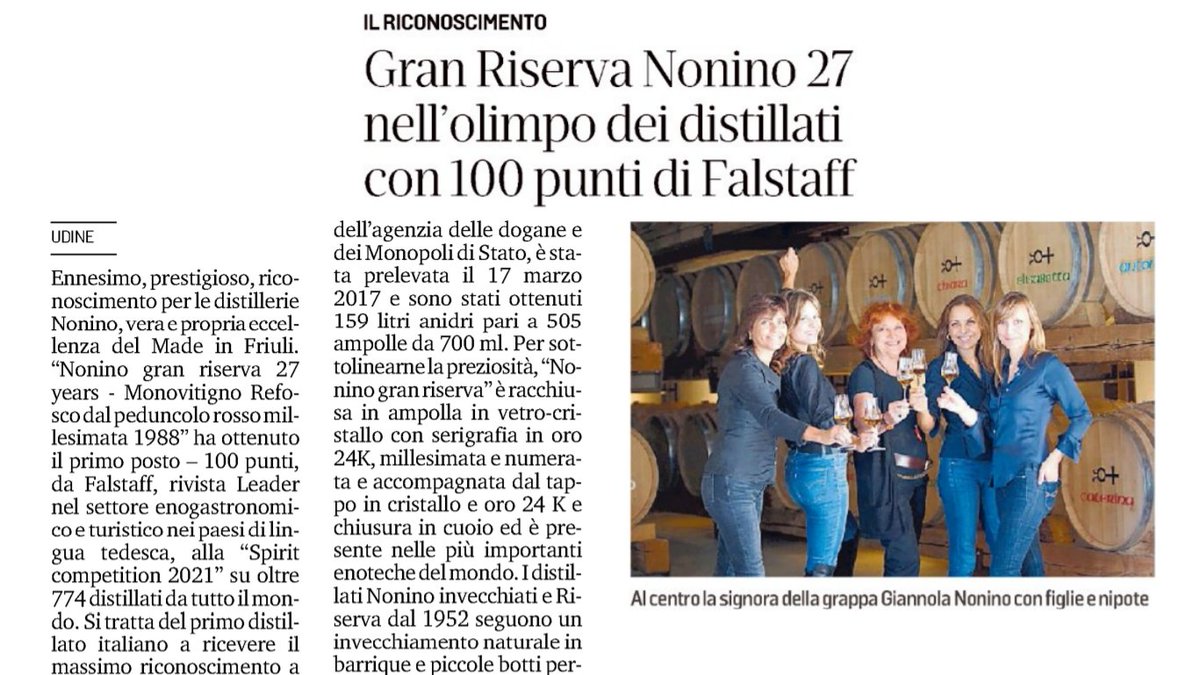 ConfindustriaUd's tweet photo. Gran Riserva Nonino 27 anni nell'olimpo dei #distillati con 100 punti di @falstaff, rivista leader nel settore #enogastronomia e #turismo | 1° #distillato italiano a ricevere il massimo riconoscimento a questa competizione via @messveneto @cescon_maurizio https://t.co/oHMxzl1kMO