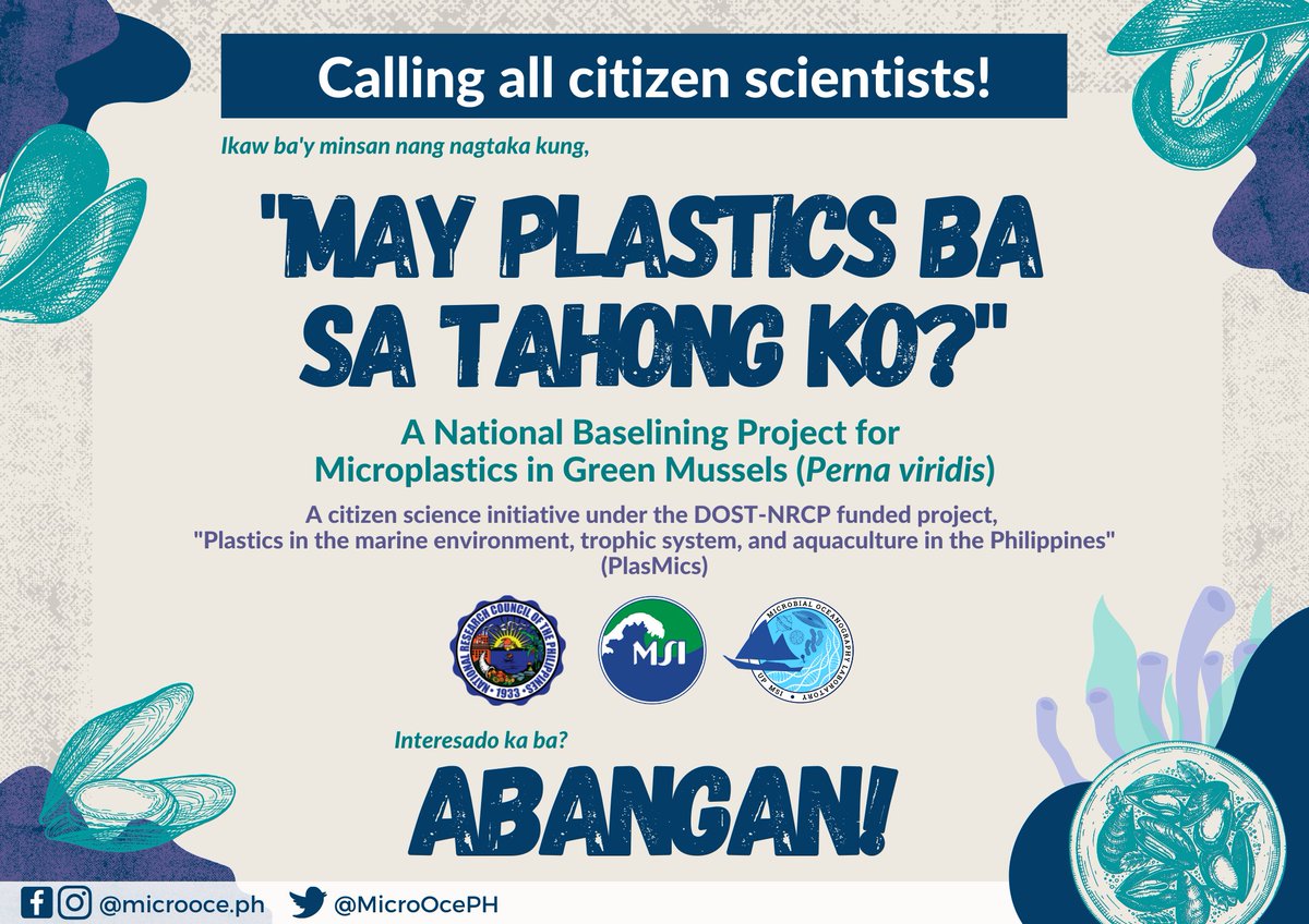 MicroOcePH's tweet photo. Mahilig ka ba sa tahong, pero ayaw mo ng plastics?
Gusto mo bang alamin kung may plastics sa tahong na kinakain mo?
Uy, kailangan namin ng tulong mo! Padala ka na ng tahong!
A SEAtizen science initiative to baseline microplastics in mussels🔎Abangan!
#marineplastics #plasmics https://t.co/kTF1jEsgrO