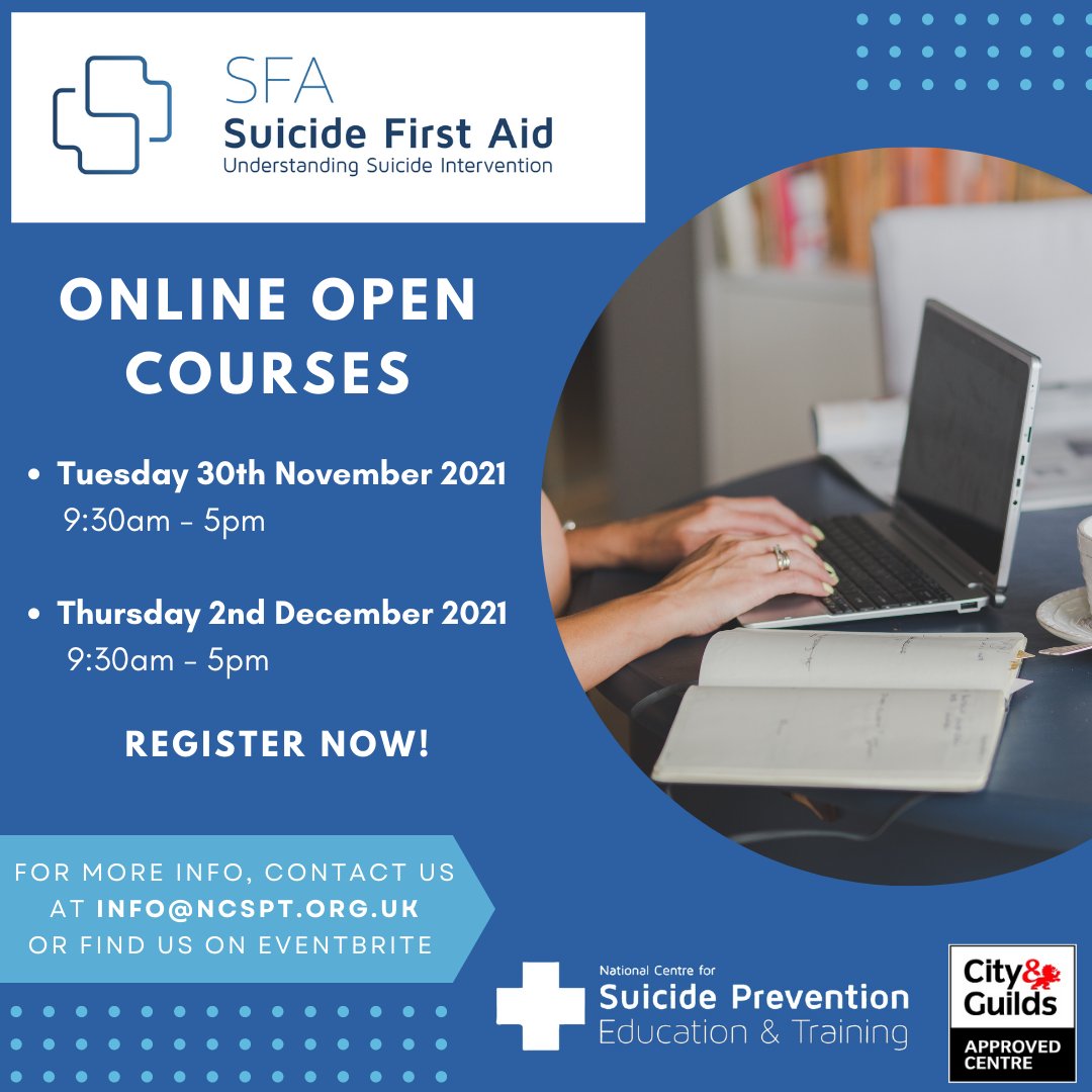 NCSPET_UK's tweet photo. 🎉 Places still available!

Are you interested in learning more about the theory and practise of suicide intervention? Sign Up Today to our upcoming virtual courses! 

#suicidefirstaid #suicideprevention #suicideawareness https://t.co/gD6H15ZYzk