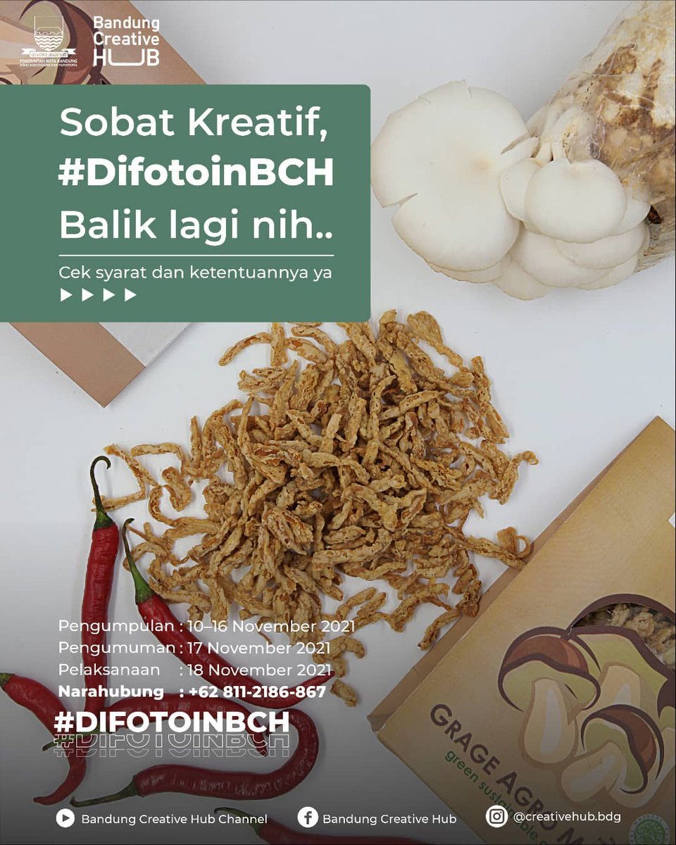 DisbudparBdg's tweet photo. Wargi, #DifotoinBCH hadir kembali nih untuk para pelaku ekonomi kreatif yang ingin produknya difotoin!😉

Yuk, perhatikan syarat dan ketentuannya pada postingan berikut! Jangan lupa untuk catat tanggal pengumpulan, pengumuman, dan pelaksanaan yaa😊

Narahubung: 08112186867 https://t.co/iJDZeHGXdy