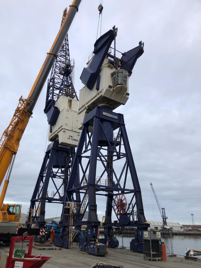 CLSconstruct's tweet photo. CLS carrying out the demolition of 2 dockside cranes up in Hartlepool over the next few weeks #clsdemolition #demolition #CLS #clscivilengineering #clsconstruction https://t.co/58SxFl6wBV