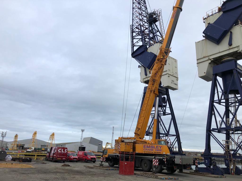 CLSconstruct's tweet photo. CLS carrying out the demolition of 2 dockside cranes up in Hartlepool over the next few weeks #clsdemolition #demolition #CLS #clscivilengineering #clsconstruction https://t.co/58SxFl6wBV